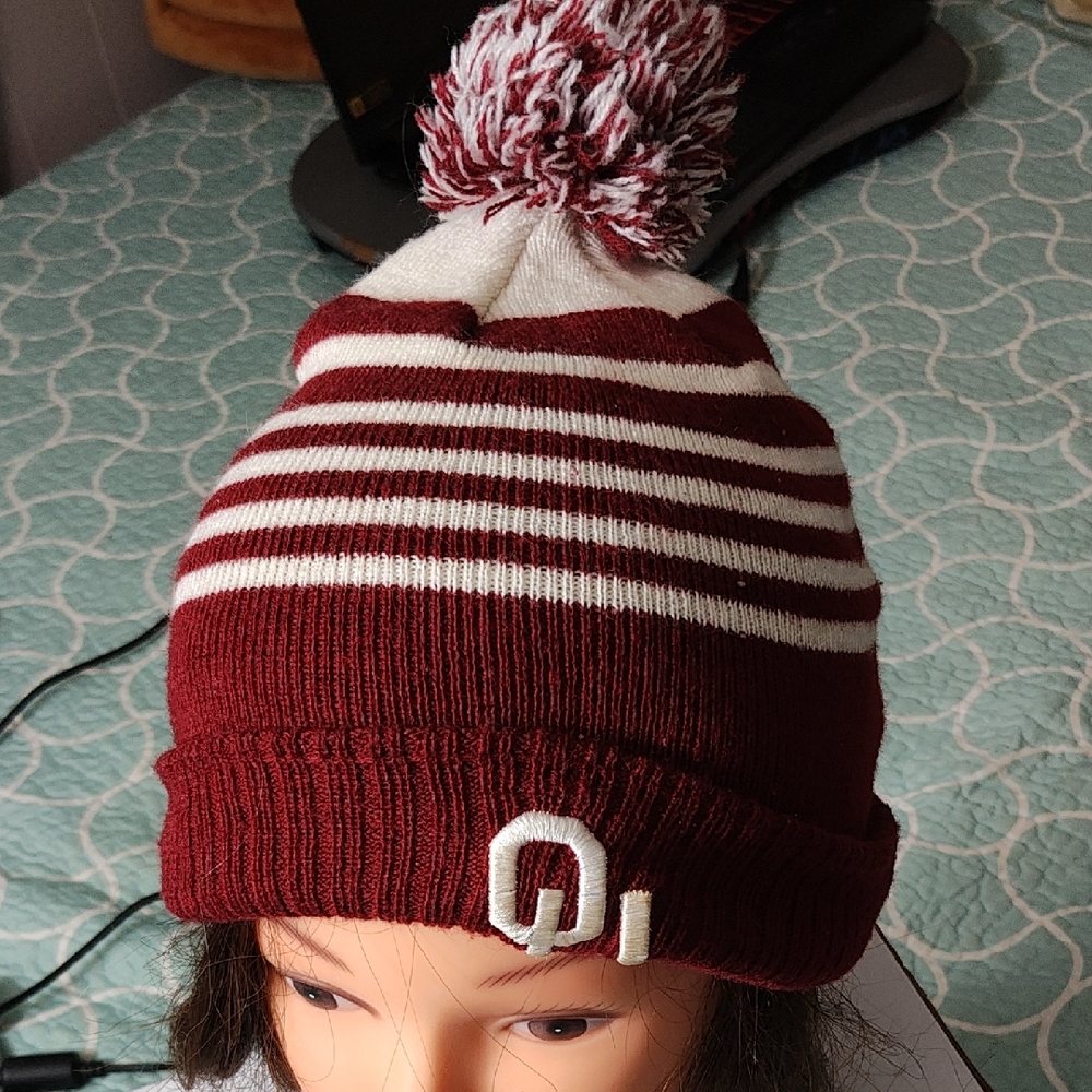 Striped Maroon and White Kids Beanie with Pom
